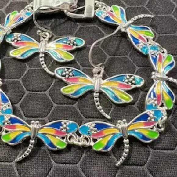 DragonFly Earrings and Bracelet Multicolored 18K White Gold Plated - Picture 1 of 1